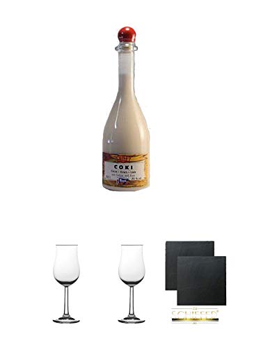 Bauer Coki Kokos-Kirschlikör 20% 0,5 Liter + 2 Bugatti Nosing Gläser mit Eichstrich 2cl und 4 cl + 2 Schiefer Glasuntersetzer eckig ca. 9,5 cm Ø von Unbekannt