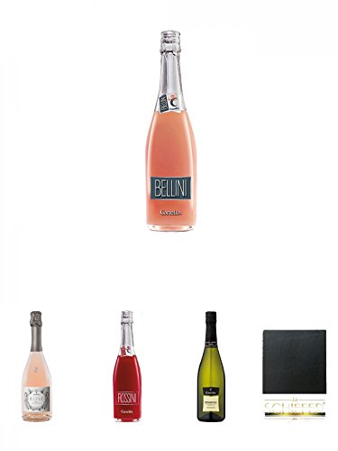 Bellini di Canella 0,75 Liter + Canella Rosé brut Metodo Martinotti 0,75 Liter + Bellini di Canella Rossini 0,75 Liter + Canella Prosecco Frizzante DOC 0,75 Liter + Schiefer Glasuntersetzer eckig ca. 9,5 cm Durchmesser von Unbekannt