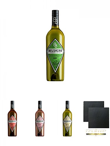 Belsazar Vermouth DRY 0,75 Liter + Belsazar Vermouth RED 0,75 Liter + Belsazar Vermouth Rose 0,75 Liter + Belsazar Vermouth White 0,75 Liter + Schiefer Glasuntersetzer eckig ca. 9,5 cm Ø 2 Stück von Unbekannt
