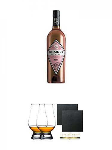 Belsazar Vermouth Rose 0,75 Liter + The Glencairn Glas Stölzle 2 Stück + Schiefer Glasuntersetzer eckig ca. 9,5 cm Ø 2 Stück von Unbekannt