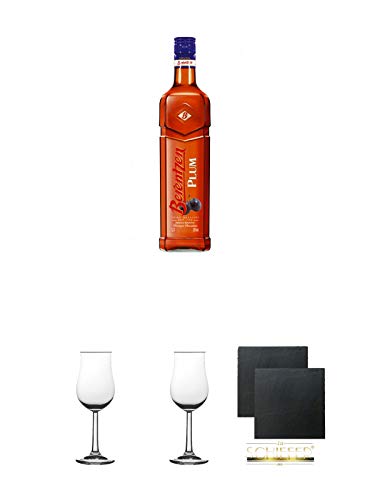 Berentzen Plum Likör Deutschland 0,7 Liter + Nosing Gläser Kelchglas Bugatti mit Eichstrich 2cl und 4cl 1 Stück + Nosing Gläser Kelchglas Bugatti mit Eichstrich 2cl und 4cl 1 Stück + Schiefer Glasuntersetzer eckig ca. 9,5 cm Ø 2 Stück von Unbekannt