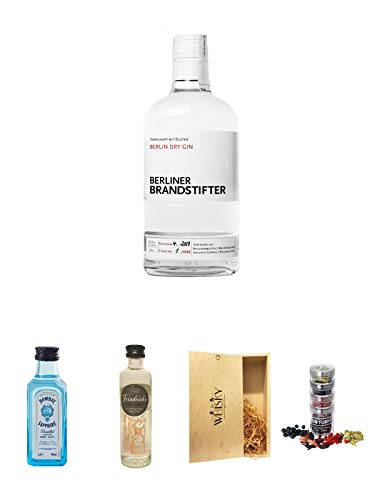 Berliner Brandstifter Dry Gin Deutschland 0,7 Liter + Bombay Sapphire Gin 5 cl Miniatur + Friedrichs Gin 0,04 Liter Miniatur + 1a Whisky Holzbox für 2 Flaschen mit Schiebedeckel + Gin Flight Gewürze zum Verfeinern von Gin Tonic 1er Pack 1 x 12 Gramm von Unbekannt