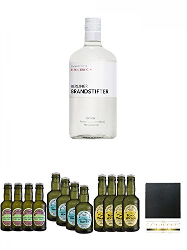 Berliner Brandstifter Dry Gin Deutschland 0,7 Liter + Fentimans Herbal Tonic 4 x 200 ml + Fentimans Light Tonic Water 4 x 200 ml + Fentimans Tonic Water 4 x 200 ml + Schiefer Glasuntersetzer eckig ca. 9,5 cm Durchmesser von Unbekannt