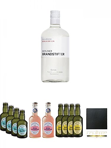 Berliner Brandstifter Dry Gin Deutschland 0,7 Liter + Fentimans Light Tonic Water 4 x 200 ml + Fentimans Rose Lemonade 2 x 200 ml + Fentimans Tonic Water 4 x 200 ml + Schiefer Glasuntersetzer eckig ca. 9,5 cm Durchmesser von Unbekannt