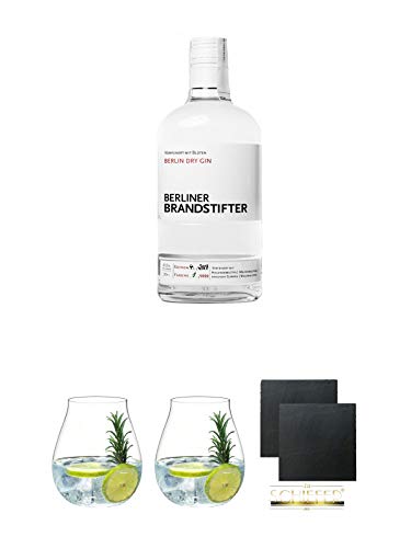 Berliner Brandstifter Dry Gin Deutschland 0,7 Liter + Gin Tonic Glas - 5414/67 + Gin Tonic Glas - 5414/67 + Schiefer Glasuntersetzer eckig ca. 9,5 cm Ø 2 Stück von Unbekannt