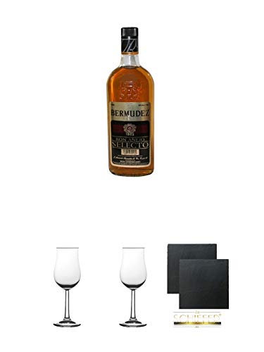 Bermudez Ron Anejo Dominikanische Republik 0,7 Liter + 2 Bugatti Nosing Gläser mit Eichstrich 2cl und 4cl + 2 Schiefer Glasuntersetzer eckig ca. 9,5 cm Ø von Unbekannt