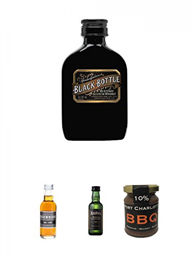 Black Bottle (No Age) Blended Scotch Whisky 5 cl + Auchentoshan Three Wood Single Malt Whisky Miniatur 5 cl + Ardbeg Ten 10 Jahre Single Malt Whisky Miniatur 5 cl + BBQ-Sauce mit Bruichladdich Port Charlotte Whisky 140ml/160g Glas von Unbekannt