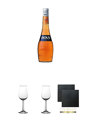 Bols Apricot Brandy Holland 0,7 Liter + 2 Bugatti Nosing Gläser mit Eichstrich 2cl und 4 cl + 2 Schiefer Glasuntersetzer eckig ca. 9,5 cm Ø von Diverse