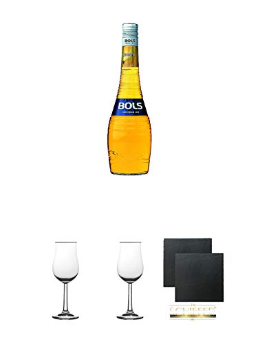 Bols Creme Bananenlikör Holland 0,7 Liter + 2 Bugatti Nosing Gläser mit Eichstrich 2cl und 4 cl + 2 Schiefer Glasuntersetzer eckig ca. 9,5 cm Ø von Diverse