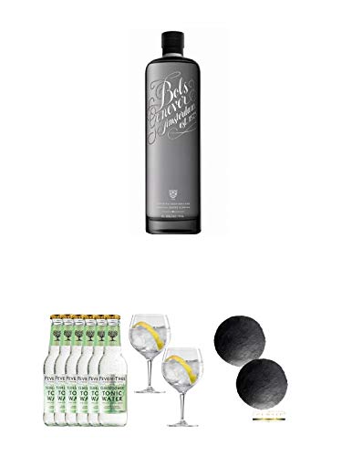 Bols Genever Amsterdam Gin 0,7 Liter + Fever Tree Elderflower Tonic Water 6 x 0,2 Liter + Spiegelau Gin & Tonic 4390179 2 Gläser + Schiefer Glasuntersetzer RUND ca. 2 x 9,5 cm Durchmesser von Diverse