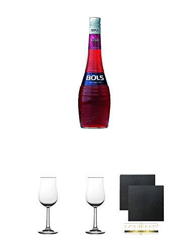 Bols Kirschlikör Holland 0,7 Liter + 2 Bugatti Nosing Gläser mit Eichstrich 2cl und 4 cl + 2 Schiefer Glasuntersetzer eckig ca. 9,5 cm Ø von Diverse