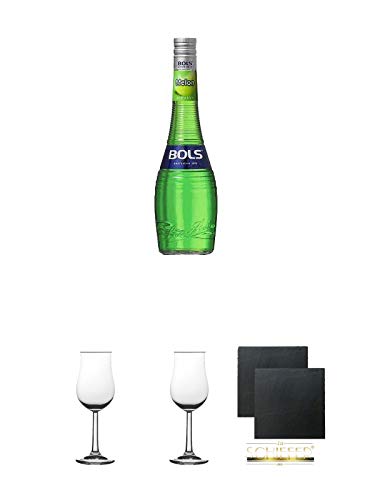 Bols Melonenlikör Holland 0,7 Liter + 2 Bugatti Nosing Gläser mit Eichstrich 2cl und 4 cl + 2 Schiefer Glasuntersetzer eckig ca. 9,5 cm Ø von Diverse