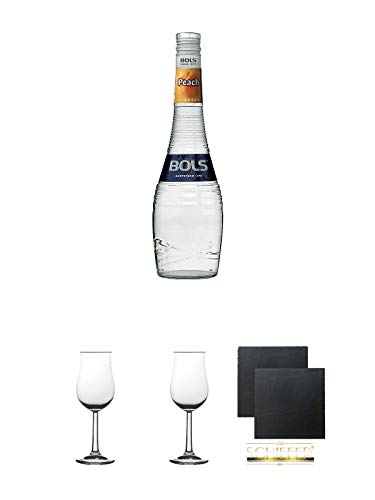 Bols Peach Likör Holland 0,7 Liter + 2 Bugatti Nosing Gläser mit Eichstrich 2cl und 4 cl + 2 Schiefer Glasuntersetzer eckig ca. 9,5 cm Ø von Unbekannt