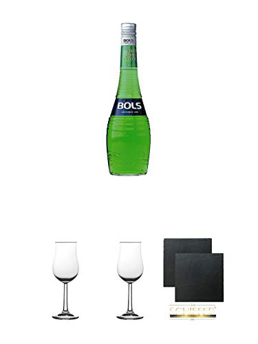 Bols Pfefferminz green Creme de Menthe Holland 0,7 Liter + 2 Bugatti Nosing Gläser mit Eichstrich 2cl und 4cl + 2 Schiefer Glasuntersetzer eckig ca. 9,5 cm Ø von Diverse