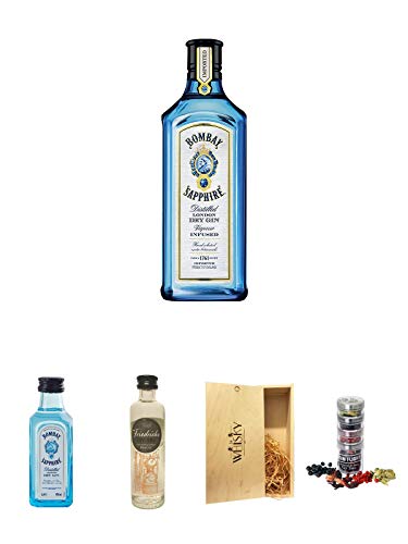 Bombay Sapphire Gin 0,7 Liter + Bombay Sapphire Gin 5 cl Miniatur + Friedrichs Gin 0,04 Liter Miniatur + 1a Whisky Holzbox für 2 Flaschen mit Schiebedeckel + Gin Flight Gewürze zum Verfeinern von Gin Tonic 1er Pack 1 x 12 Gramm von Unbekannt