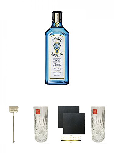 Bombay Sapphire Gin 1,0 Liter + Six Ravens Stirrer 1 Stück + Windspiel Hi-Ball Glas 1 Stück 350 ml + Schiefer Glasuntersetzer eckig ca. 9,5 cm Ø 2 Stück + Windspiel Hi-Ball Glas 1 Stück 350 ml von Unbekannt