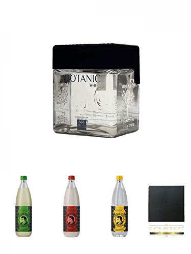 Botanic Premium Dry Gin 0,7 Liter + Thomas Henry Bitter Lemon 1,0 Liter + Thomas Henry Spicy Ginger 1,0 Liter + Thomas Henry Tonic Water 1,0 Liter + Schiefer Glasuntersetzer eckig ca. 9,5 cm Durchmesser von Unbekannt