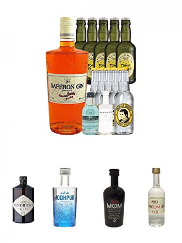 Boudier Saffron Gin 0,7 Liter + 5 x Thomas Henry Tonic 20 cl + 5 x Fentimans Tonic 20 cl + London Blue Mini 5 cl + Botanist 5 cl + Hendricks Gin Small Batch 5 cl + Jodhpur Premium London Dry Gin England 0,05 Liter MINI + Mom God Save the Gin England 0,05 von Unbekannt