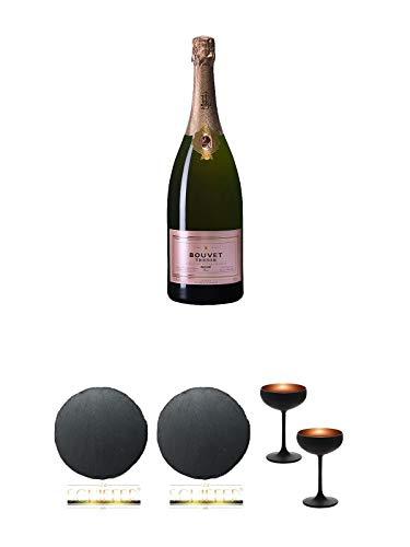 Bouvet Cremant Tresor Rose aus Frankreich 1,50 Liter Magnum + Schiefer Glasuntersetzer RUND ca. 9,5 cm Durchmesser + Schiefer Glasuntersetzer RUND ca. 9,5 cm Durchmesser + Sektschale/Champagnerschale Stölzle 2 Gläser - Olympic Serie MATT-SCHWARZ BRONZE 27 von Unbekannt