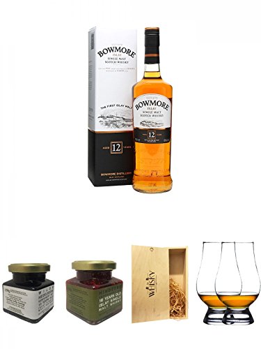 Bowmore 12 Jahre Islay Single Malt Whisky 0,7 Liter + Islay 10 Jahre Single Malt Heidelbeer Marmelade 150g im Glas + Islay 16 Jahre Single Malt Himbeer Marmelade 150g im Glas + 1a Whisky Holzbox für 2 Flaschen mit Schiebedeckel + The Glencairn Glass Whisk von Unbekannt