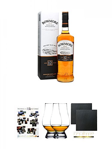 Bowmore 12 Jahre Islay Single Malt Whisky 0,7 Liter + Poster The Making of Malt Whisky DIN A1 + The Glencairn Glass Whisky Glas Stölzle 2 Stück + Schiefer Glasuntersetzer eckig ca. 9,5 cm Ø 2 Stück von Unbekannt