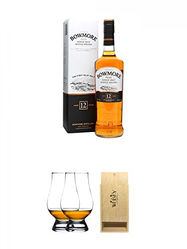 Bowmore 12 Jahre Islay Single Malt Whisky 0,7 Liter + The Glencairn Glass Whisky Glas Stölzle 2 Stück + 1a Whisky Holzbox für 2 Flaschen mit Schiebedeckel von Unbekannt