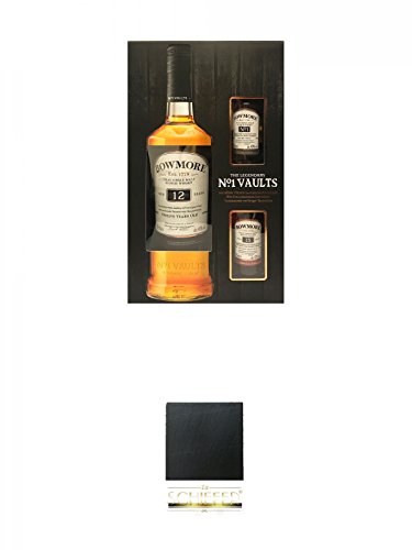 Bowmore 12 Jahre Single Malt Whisky 40% 0,7 Liter + 2 Miniaturen (15yo + No.1) + Schiefer Glasuntersetzer eckig ca. 9,5 cm Durchmesser von Unbekannt