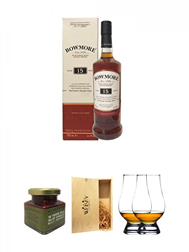 Bowmore 15 Jahre Sherry Cask Finish 0,7 Liter + Islay 16 Jahre Single Malt Himbeer Marmelade 150g im Glas + 1a Whisky Holzbox für 2 Flaschen mit Schiebedeckel + The Glencairn Glass Whisky Glas Stölzle 2 Stück von Unbekannt