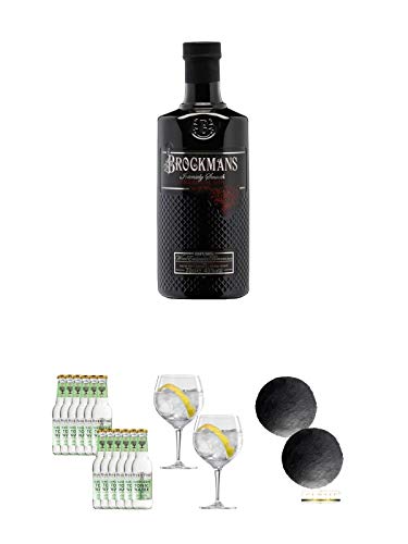 Brockmans Intensly Smooth Premium Gin 0,7 Liter + Fever Tree Elderflower Tonic Water 12 x 0,2 Liter + Spiegelau Gin & Tonic 4390179 2 Gläser + Schiefer Glasuntersetzer RUND ca. 2 x 9,5 cm Durchmesser von Diverse