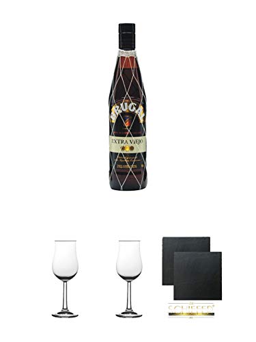 Brugal Extra Viejo Gran Reserva Familiar 0,7 Liter + 2 Bugatti Nosing Gläser mit Eichstrich 2cl und 4cl + 2 Schiefer Glasuntersetzer eckig ca. 9,5 cm Ø von Unbekannt