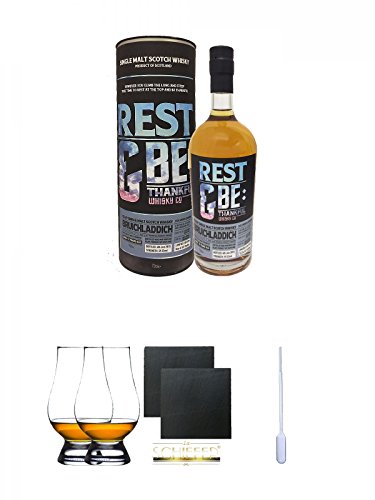 Bruichladdich 12 Jahre 59,3% Rest and Be 0,7 Liter + The Glencairn Glass Whisky Glas Stölzle 2 Stück + Schiefer Glasuntersetzer eckig ca. 9,5 cm Ø 2 Stück + Einweg-Pipette 1 Stück von Unbekannt