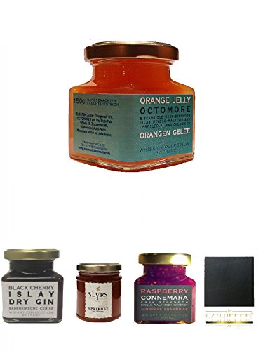 Bruichladdich Octomore Orangen Gelee 150 Gramm Glas + Islay Dry Gin Black Cherry Sauerkirsche Marmelade 150 Gramm + Slyrs Aprikosen Marmelade 225 Gramm Glas + Connemara Irish Whisky Himbeer Marmelade 150g im Glas + Schiefer Glasuntersetzer eckig ca. 9,5 c Bruichladdich Octomore Orangen Gelee 150 Gramm Glas + Islay Dry Gin Black Cherry Sauerkirsche Marmelade 150 Gramm + Slyrs Aprikosen Marmelade 225 Gramm Glas + Connemara Irish Whisky Himbeer Marmelade 150g im Glas + Schiefer Glasuntersetzer eckig ca. 9,5 c von Unbekannt