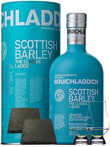 Bruichladdich Scottish Barley Laddie Classic 0,7 Liter + 2 Glencairn Gläser und 2 Schieferuntersetzer quadratisch 9,5 cm von Unbekannt