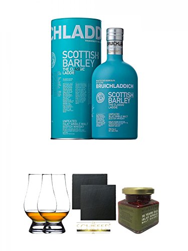 Bruichladdich Scottish Barley Laddie Classic 0,7 Liter + The Glencairn Glass Whisky Glas Stölzle 2 Stück + Schiefer Glasuntersetzer eckig ca. 9,5 cm Ø 2 Stück + Islay 16 Jahre Single Malt Himbeer Marmelade 150g im Glas von Unbekannt