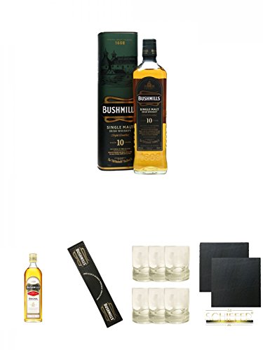 Bushmills 10 Jahre Matured in Two Woods 0,7 Liter + Bushmills Original White Label Irish Whiskey 0,7 Liter + Bushmills Whiskey - Bar Matte aus Gummi + Bushmills Whiskey Gläser 6 Stück + Schiefer Glasuntersetzer eckig ca. 9,5 cm Ø 2 Stück von Unbekannt