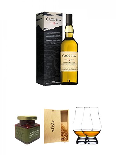 Caol Ila 12 Jahre Islay Single Malt Whisky 0,7 Liter + Islay 16 Jahre Single Malt Himbeer Marmelade 150g im Glas + 1a Whisky Holzbox für 2 Flaschen mit Schiebedeckel + The Glencairn Glass Whisky Glas Stölzle 2 Stück von Unbekannt