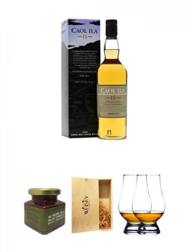 Caol Ila 15 Jahre Islay Single Malt Whisky 0,7 Liter + Islay 16 Jahre Single Malt Himbeer Marmelade 150g im Glas + 1a Whisky Holzbox für 2 Flaschen mit Schiebedeckel + The Glencairn Glass Whisky Glas Stölzle 2 Stück von Unbekannt