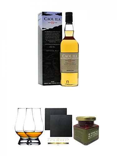 Caol Ila 15 Jahre Islay Single Malt Whisky 0,7 Liter + The Glencairn Glass Whisky Glas Stölzle 2 Stück + Schiefer Glasuntersetzer eckig ca. 9,5 cm Ø 2 Stück + Islay 16 Jahre Single Malt Himbeer Marmelade 150g im Glas von Unbekannt