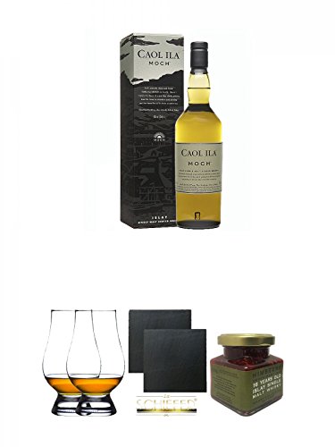 Caol Ila Moch Single Malt Whisky 0,7 Liter + The Glencairn Glass Whisky Glas Stölzle 2 Stück + Schiefer Glasuntersetzer eckig ca. 9,5 cm Ø 2 Stück + Islay 16 Jahre Single Malt Himbeer Marmelade 150g im Glas von Unbekannt