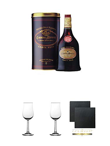 Cardenal Mendoza CARTA REAL spanischer Brandy 0,7 Liter + 2 Bugatti Nosing Gläser mit Eichstrich 2cl und 4cl + 2 Schiefer Glasuntersetzer eckig ca. 9,5 cm Ø von Diverse