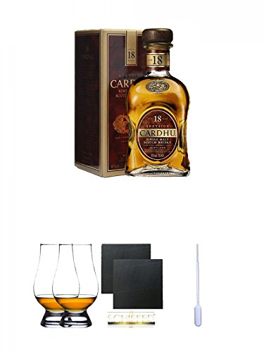 Cardhu 18 Jahre Single Malt Whisky 0,7 Liter + The Glencairn Glass Whisky Glas Stölzle 2 Stück + Schiefer Glasuntersetzer eckig ca. 9,5 cm Ø 2 Stück + Einweg-Pipette 1 Stück von Unbekannt