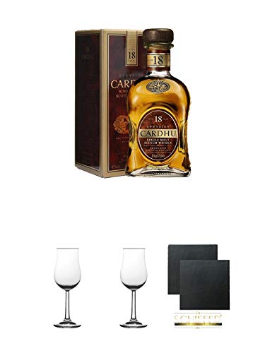 Cardhu 18 Jahre Single Malt Whisky 0,7 Liter + Whisky Nosing Gläser Kelchglas Bugatti mit Eichstrich 2cl und 4cl 1 Stück + Whisky Nosing Gläser Kelchglas Bugatti mit Eichstrich 2cl und 4cl 1 Stück + Schiefer Glasuntersetzer eckig ca. 9,5 cm Ø 2 Stück von Unbekannt