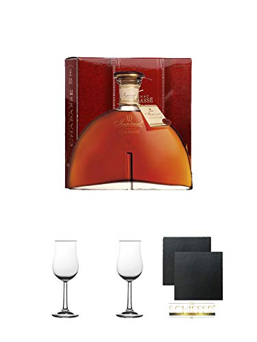 Chabasse XO Cognac Frankreich 0,7 Liter + Nosing Gläser Kelchglas Bugatti mit Eichstrich 2cl und 4cl 1 Stück + Nosing Gläser Kelchglas Bugatti mit Eichstrich 2cl und 4cl 1 Stück + Schiefer Glasuntersetzer eckig ca. 9,5 cm Ø 2 Stück von Unbekannt