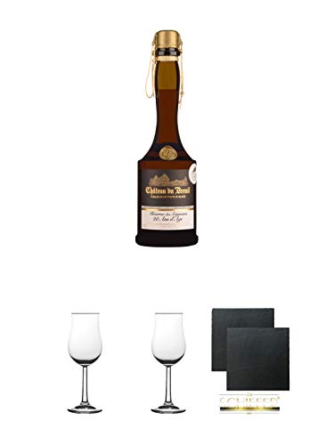 Chateau du Breuil 20 Jahre Pays d' Auge Calvados Frankreich 0,7 Liter + 2 Bugatti Nosing Gläser mit Eichstrich 2cl und 4cl + 2 Schiefer Glasuntersetzer eckig ca. 9,5 cm Ø von Unbekannt