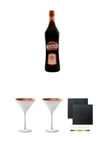 China Martini Bitter aus Italien mit Chinarinde 0,7 Liter + Stölzle Cocktail-und Martiniglas Olympic Serie 1 Stück - 1408825 + Stölzle Cocktail-und Martiniglas Olympic Serie 1 Stück - 1408825 + Schiefer Glasuntersetzer eckig ca. 9,5 cm Ø 2 Stück von Unbekannt