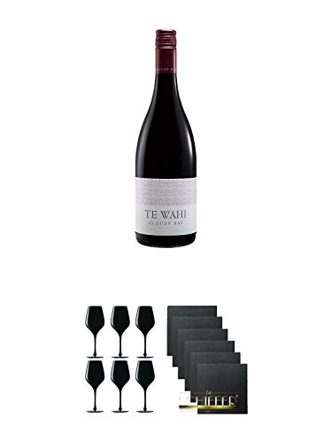 Cloudy Bay Te Wahi Pinot Noir Central Otago 0,75 Liter + Blind Tastinglas für Wein Exquisit 6 Gläser - 1477402 + Schiefer Glasuntersetzer eckig 6 x ca. 9,5 cm Durchmesser von Unbekannt
