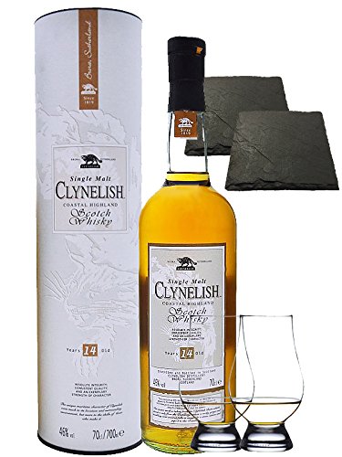 Clynelish 14 Jahre Single Malt Whisky 0,7 Liter + 2 Glencairn Gläser und 2 Schiefer Glasuntersetzer 9,5 cm Clynelish 14 Jahre Single Malt Whisky 0,7 Liter + 2 Glencairn Gläser und 2 Schiefer Glasuntersetzer 9,5 cm von Unbekannt