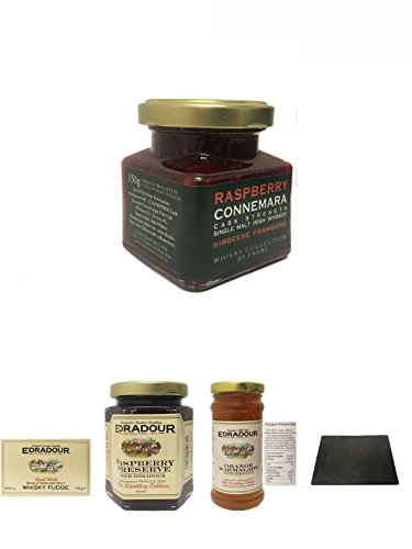 Connemara Irish Whisky Himbeer Marmelade 150g im Glas + Edradour Malt Whisky Fudge 170 Gramm GP + Edradour Malt Whisky Himbeer Marmelade 227 Gramm Glas + Edradour Malt Whisky Orangen Marmelade 340 Gramm Glas + Käseplatten - 1 er - Set 22 x 16 aus Schiefer Connemara Irish Whisky Himbeer Marmelade 150g im Glas + Edradour Malt Whisky Fudge 170 Gramm GP + Edradour Malt Whisky Himbeer Marmelade 227 Gramm Glas + Edradour Malt Whisky Orangen Marmelade 340 Gramm Glas + Käseplatten - 1 er - Set 22 x 16 aus Schiefer von Unbekannt