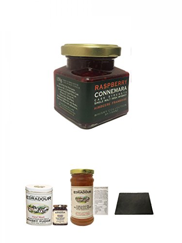 Connemara Irish Whisky Himbeer Marmelade 150g im Glas + Edradour sweet Collection mit 300g Malt Whisky Fudge und 227g Raspberry Marmelade + Edradour Malt Whisky Orangen Marmelade 340 Gramm Glas + Käseplatten - 1 er - Set 22 x 16 aus Schiefer für Dinnerpar von Unbekannt