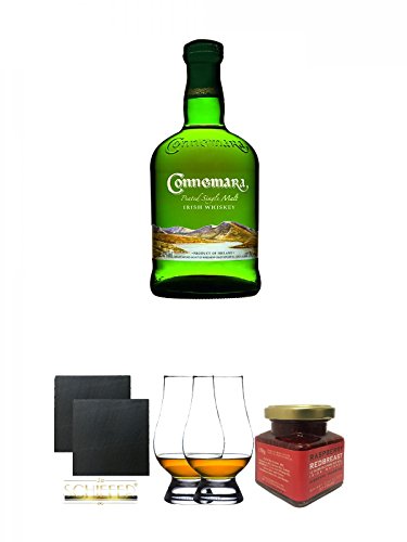 Connemara Peated Single Malt 0,7 Liter + Schiefer Glasuntersetzer eckig ca. 9,5 cm Ø 2 Stück + The Glencairn Glass Whisky Glas Stölzle 2 Stück + Redbreast 12 Jahre Himbeere Marmelade 150 Gramm Glas von Unbekannt